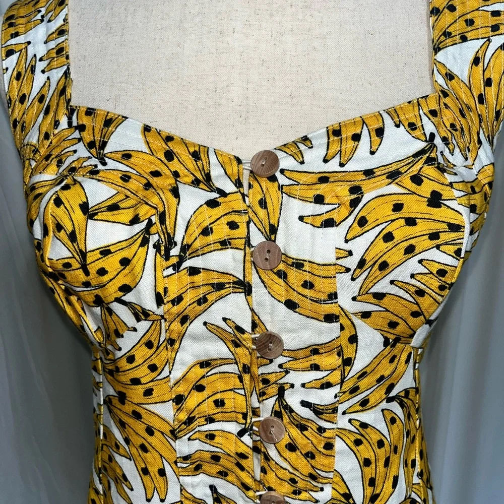FARM Rio Yellow and White Banana Print 100% Linen Mini Dress - Picture 6 of 8